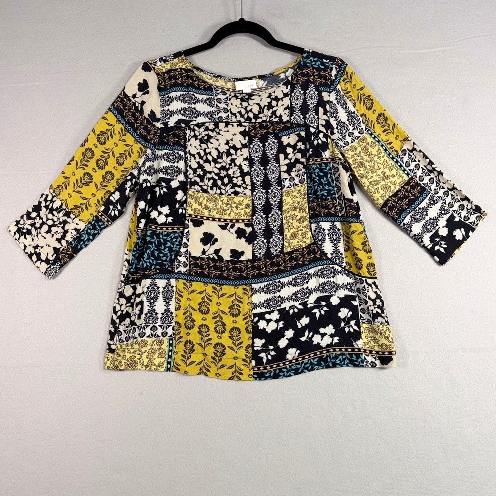 J. Jill Patchwork‎ Floral Boho Tunic Top Small 3/4 Sleeve Rayon Artsy